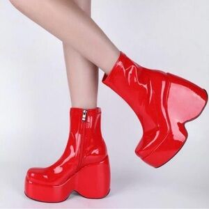 Womens Red Patent Leather High Platform Thick Heels Round Toe Mid-Calf Boots 6